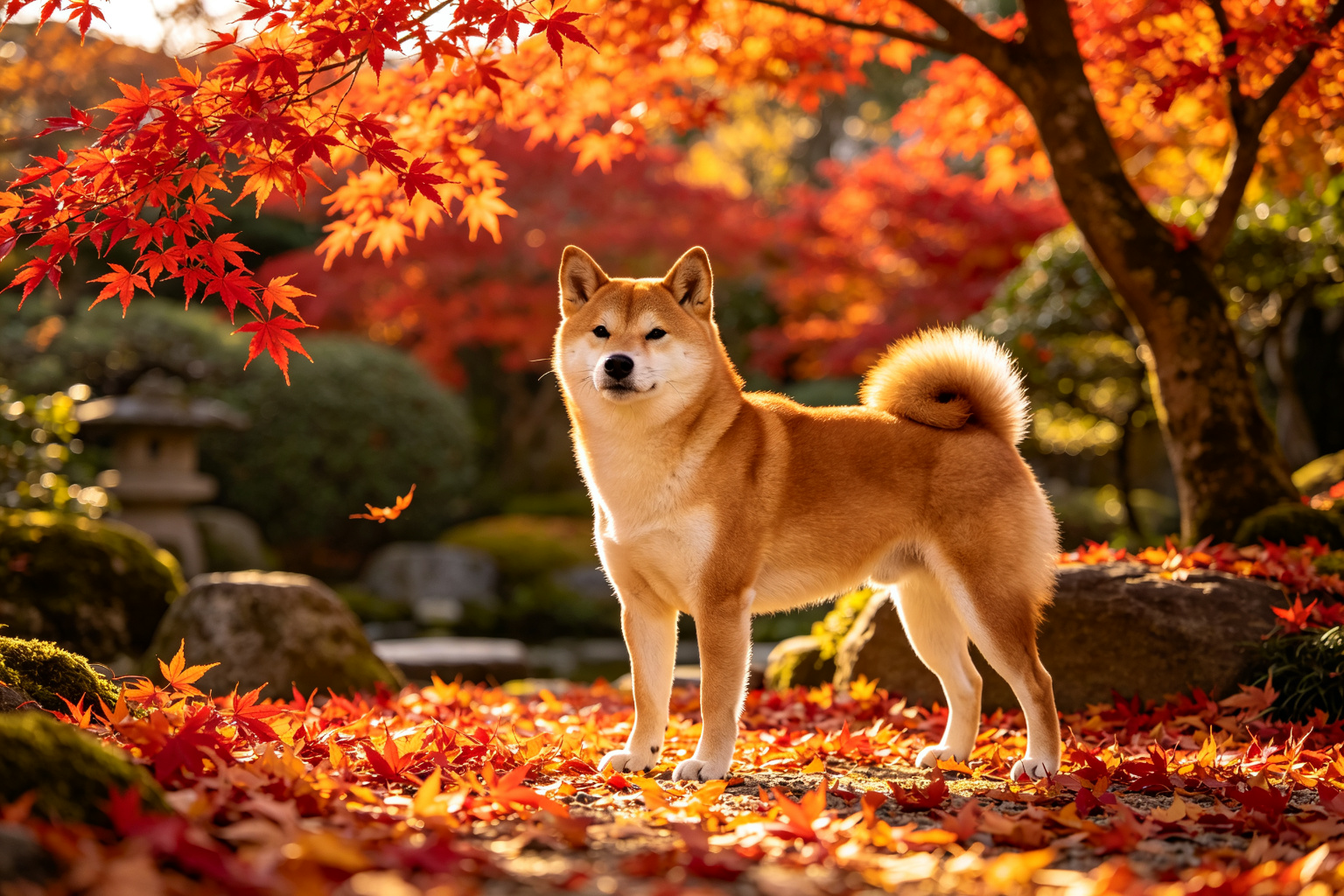 ZooTecture 柴犬站在滿地紅楓葉中，日本庭園的秋日黃金時刻 - 秋葉中的柴犬：日本國犬的四季物語